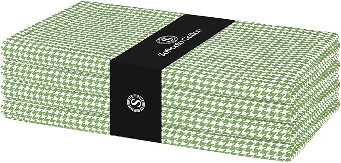 Mint Green Cloth Napkins 4 Pack, 18x18 Inches, 100% Cotton, Houndstooth Check Pattern, Soft, Washable Table Linen for Easter Brunch, Spring Wedding, Family Dining, Party Décor