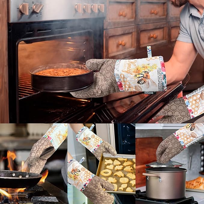 Alselo Oven Mitts, Heat Resistant with Soft Quilted Cotton Lining Set of 2, Fashion Bee Design with Silicone Printing Anti-Slip Kitchen Gloves for Safe Backing Cooking Barbecue (Khaki, Bee)
