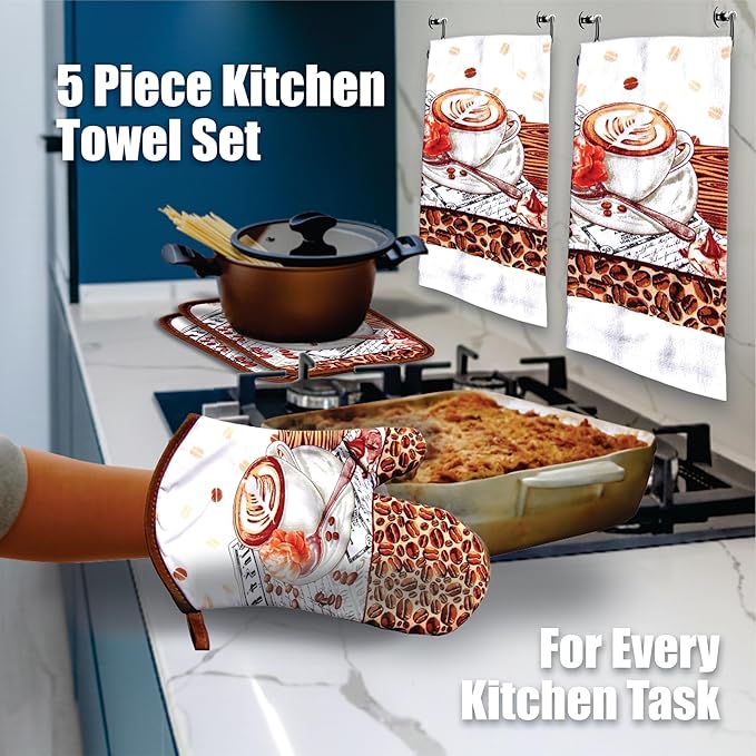 Lobyn Value Packs: Café Latte5 Piece Kitchen Towel Set with 2 Decorative Dish Towels (25 X15), 1 Oven Mitt (11 X 7) and 2 Potholders (6.5 X 6.5) Perfect for Coffee Lovers
