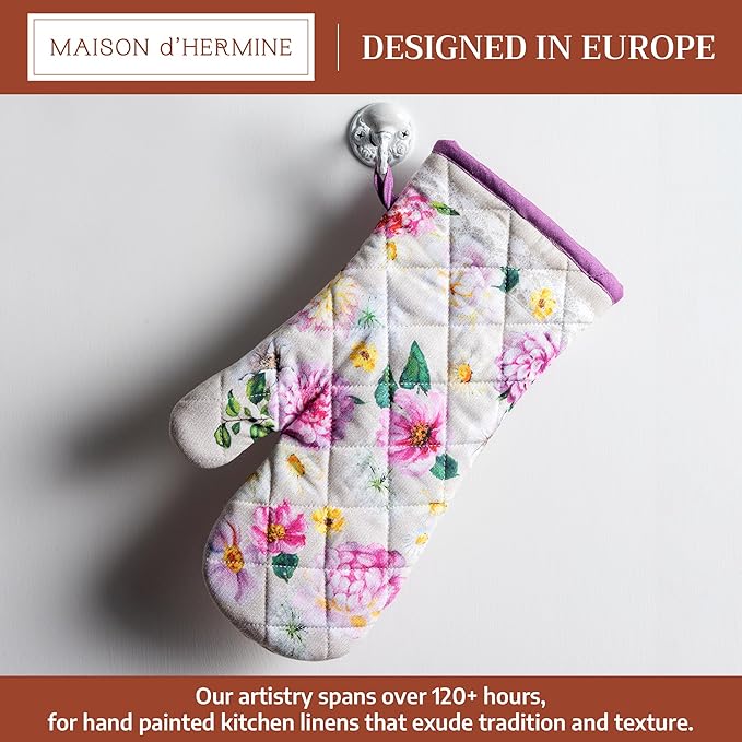 Maison d'Hermine Oven Gloves 100% Cotton Oven Mitt 7" x 13" with Loop Heat Resistant BBQ Cooking Gloves Baking Grilling Gifts for Mothers Day Spring/Summer (Pack of 1, Pivoine)