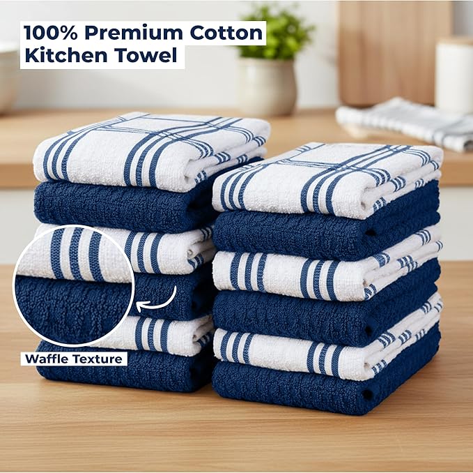RIVERSIDE Pack of 12 Premium Kitchen Towels 16 x 26 Inches, 100% Cotton Kitchen Hand Towels, Super Soft and Highly Absorbent Dish Towels for Kitchen (Blue Opal)