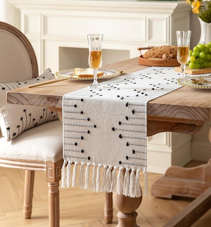 Boho Table Runner 13 x 48 Inch Long Natural Cotton Woven Runner with Tassels for Home Dining Table décor, for Modern Farmhouse Decor Coffee Table Runner, Black and Beige