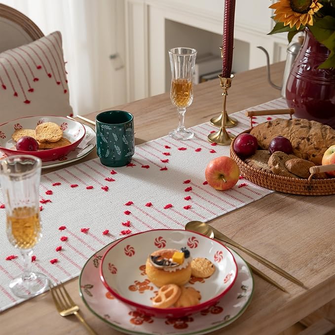 Christmas Table Runner 13 x 72 Inch Long Natural Cotton Woven Runner with Tassels for Home Dining Christmas Decorations, for Modern Farmhouse Holiday Boho Red Table Runner