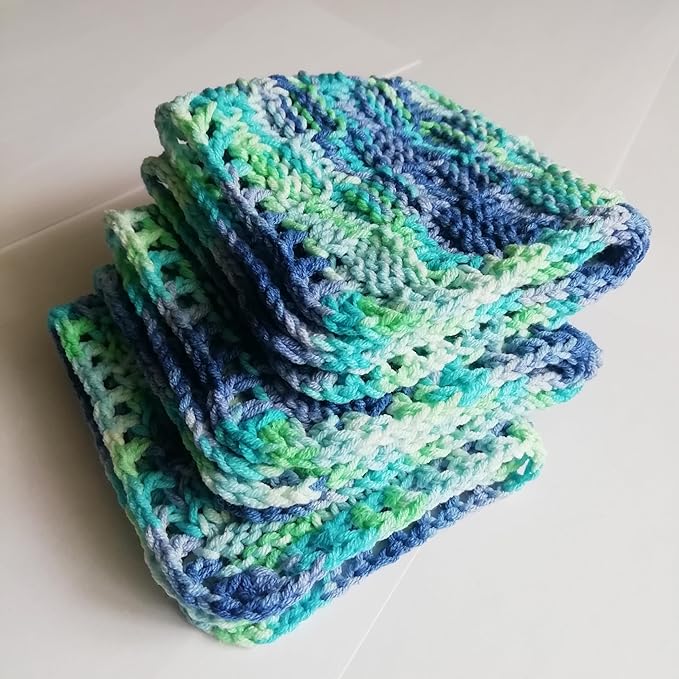 Cotton colorful dishcloth reusable set of 3, Knitted absorbent bright mini towels Dark blue-light green crochet square rags ecology