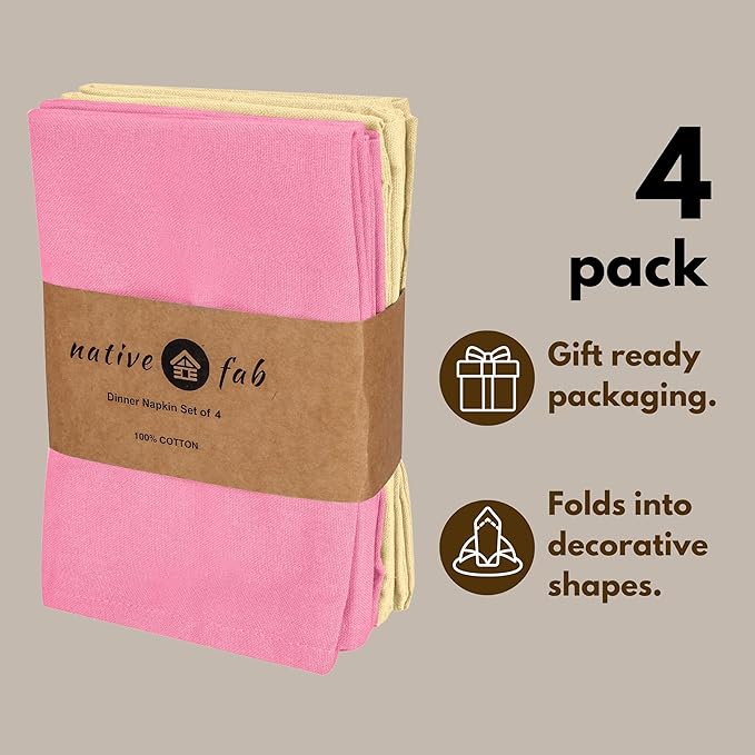 Native Fab Easter Cloth Dinner Napkins, 4 Pack, 100% Cotton, 17x17 Inches, Soft, Absorbent, Reusable Table Linen, Perfect for Easter Brunch, Spring Parties, Everyday Meals, Baby Pink & Pale Yellow