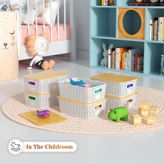 Ohmlove Plastic Storage Baskets With Bamboo Lid - Plastic Storage Containers Stackable Storage bins: Storage Baskets for Organizing Shelves Drawers Desktop Closet Playroom Classroom Office, 6 Pack