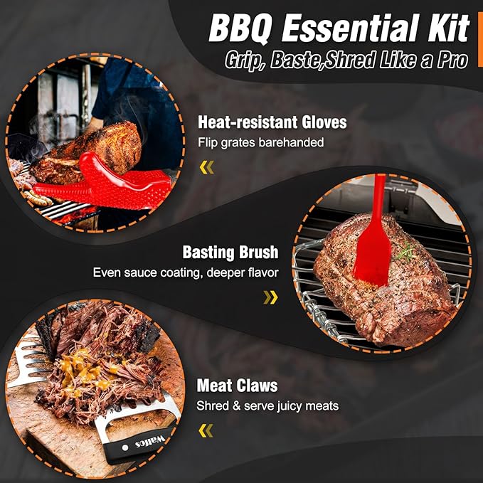 Walfos Silicone BBQ Gloves - Heat Resistant Grilling Gloves Set with Pork Shredder Claws & Brush, Non-Slip Kitchen Silicone Oven Mitt with Protective Cotton Layer, Suit for Indoor & Outdoor, Red
