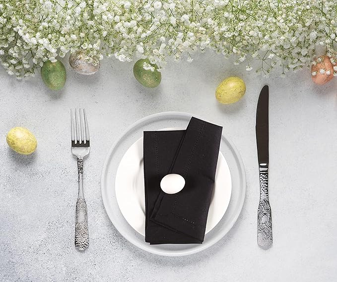 Cloth Dinner Napkin Set of 4 20x20 Inches - Black, Decorative Hemstitched Spring Premium Polyester Cloth Dinning Napkins Ideal for Kitchen, Wedding, Easter | Washable BBQ Parties Napkin for Daily Use