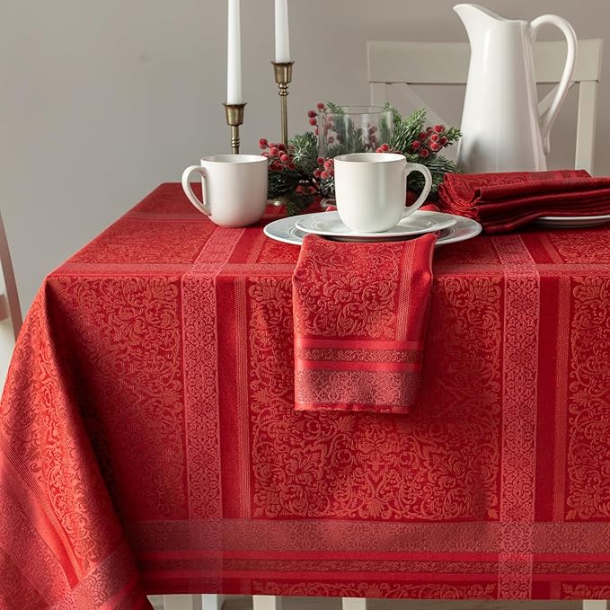 Benson Mills Ravenna Yarn Dyed Jacquard Heavyweight Fabric Table Cloth, Everyday, Parties, Weddings, Holiday, Winter and Christmas Tablecloth (60" x 120" Rectangular, Red)