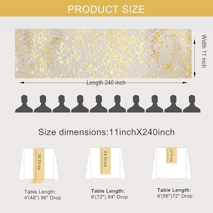 Snowkingdom 20Ft Gold Table Runner, Golden Glitter Foil Metallic Thin Mesh Cracked Runner Roll 11"x240", Gold Table Decorations for Wedding Birthday Fall Thanksgiving Christmas Party Chair Sashes