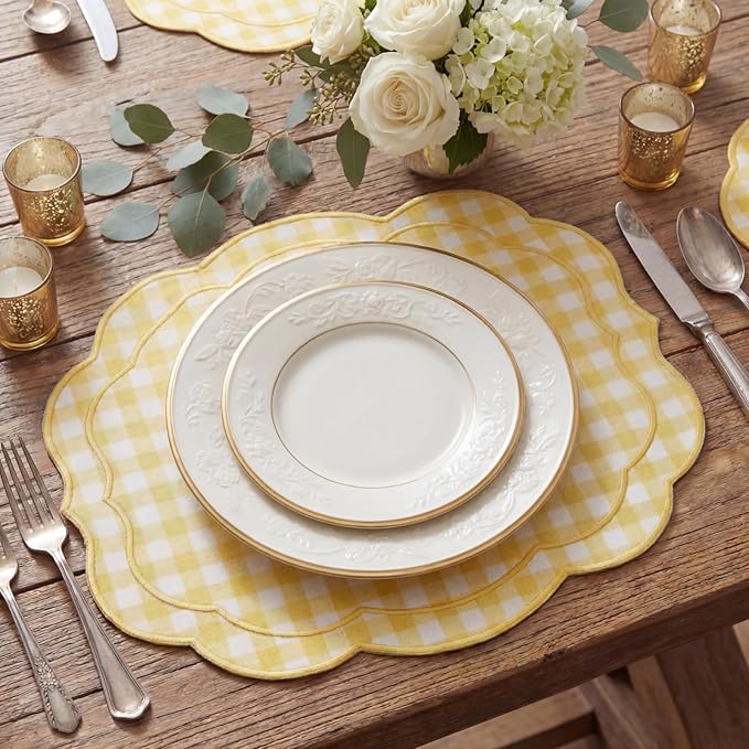 Breling Set of 6 Yellow Gingham Placemats Scalloped Embroidered Cotton Linen Placemats 17" x 13" Double Layered Machine Washable Table Place Mat for Wedding Birthday Baby Shower Party Table Decor