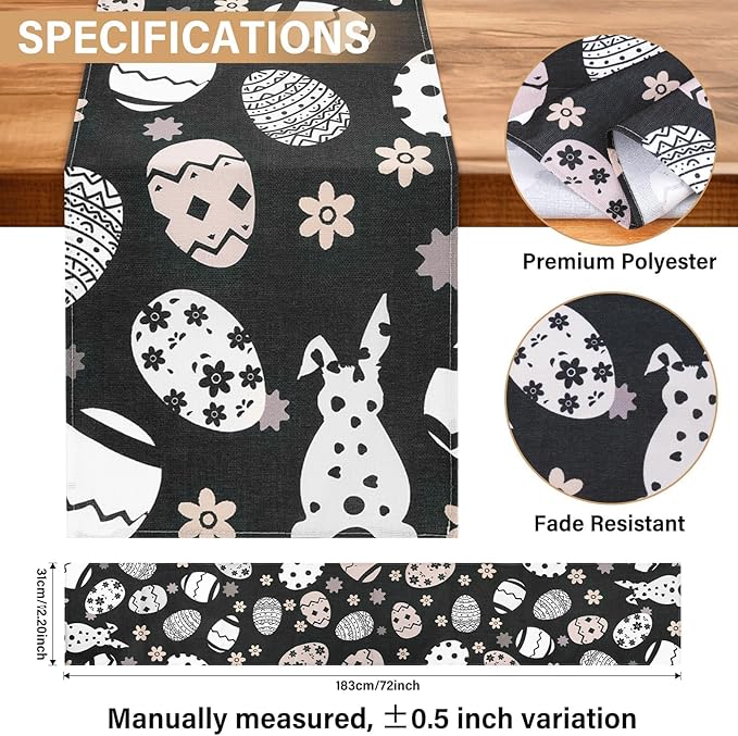 Easter Table Runner 72 Inches Black – Spring Easter Egg Bunny Decorations, Durable Dining Kitchen Holiday Decorative Table Runner