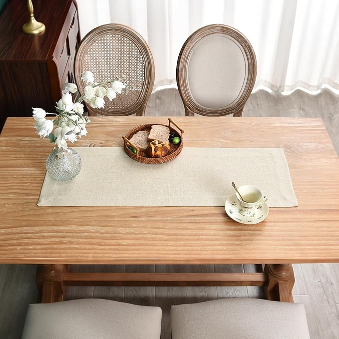 NEWISHER Farmhouse Rustic Table Runner Solid Beige Rectangular Table Runners Faux Linen Table Runner for Everyday Use Kitchen Dining Party Table 13x36 Inch