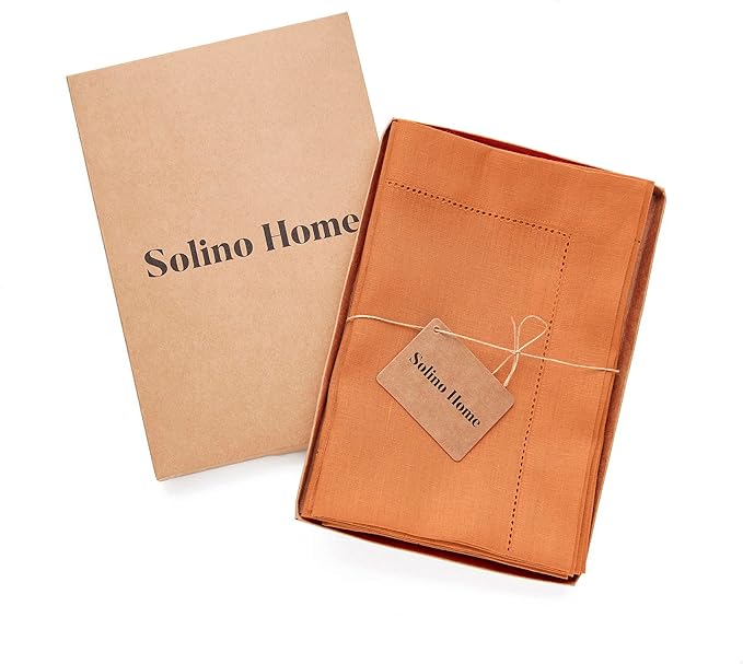 Solino Home Linen Napkins Set of 4 - Classic Hemstitch 100% Pure Linen Pumpkin Dinner Napkins Cloth 20 x 20 Inch - Handcrafted and Machine Washable