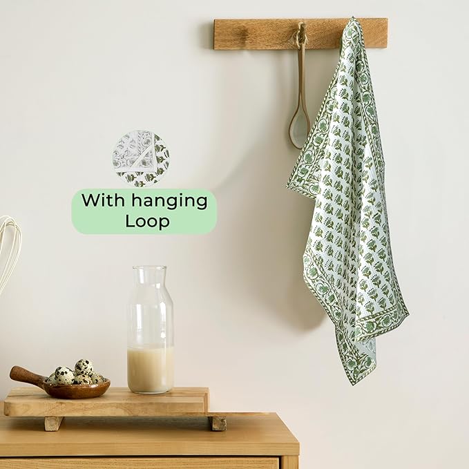 CPC Emerald Green Hand Block Print Waffle Kitchen Towel Set of 3-16 x28 Ultra Absorbent Quick Dry 100% Cotton Dish Towels Lightweight Reusable Sustainable Tea Towels for Cleaning and Drying