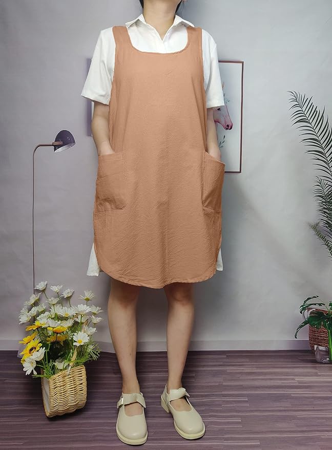 Cotton Cross Back Aprons Solid Color Cooking Kitchen Garden Smock for Women Girls with Pockets