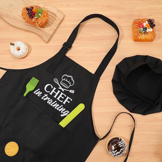 Kids Apron and Chef Hat Set, Funny Apron with 2 Pockets, Adjustable Kids Aprons for Cooking for Boys and Girls