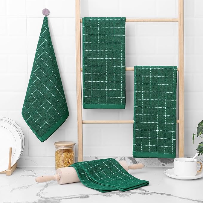 Homaxy 100% Cotton Terry Kitchen Towels(Dark Green, 13 x 28 inches), Checkered Designed, Soft and Super Absorbent Dish Towels, 2 Pack