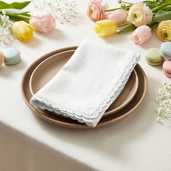 Flax Lace Cloth Dinner Napkins Set of 12 White - 20x20 Inches, Decorative Premium Cotton Linen Dinning Table Napkin Ideal for Wedding, Spring, Easter | Soft Durable Neutral Napkins for Cocktail Party