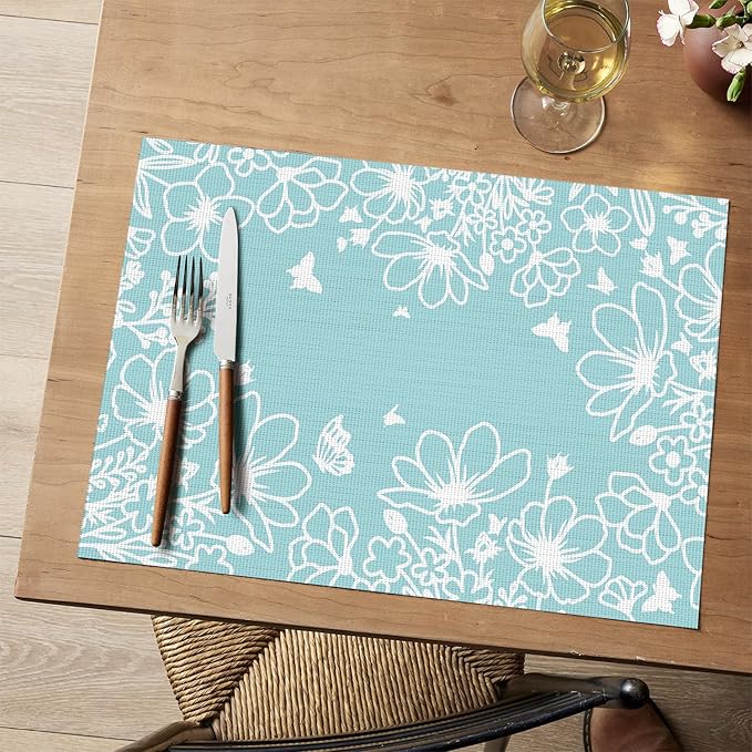 Artoid Mode Bule Weed Wild Flower Vinyl Plastic Placemats Set of 4, 12x18 Inch Woven Washable Non-Slip PVC Place Mats for Party Kitchen Dining Decor