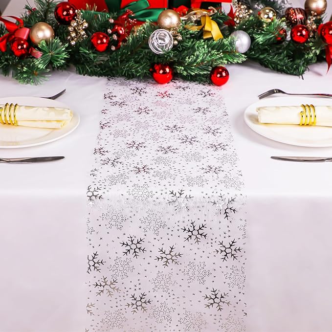 Snowkingdom Christmas Snowflake Silver Table Runner 11 Inch x 49 Feet Sparkly Silver Foil Glitter Metallic Mesh Runners Dining Table Decorations for Seasonal Winter Xmas Festival Holiday Home Party