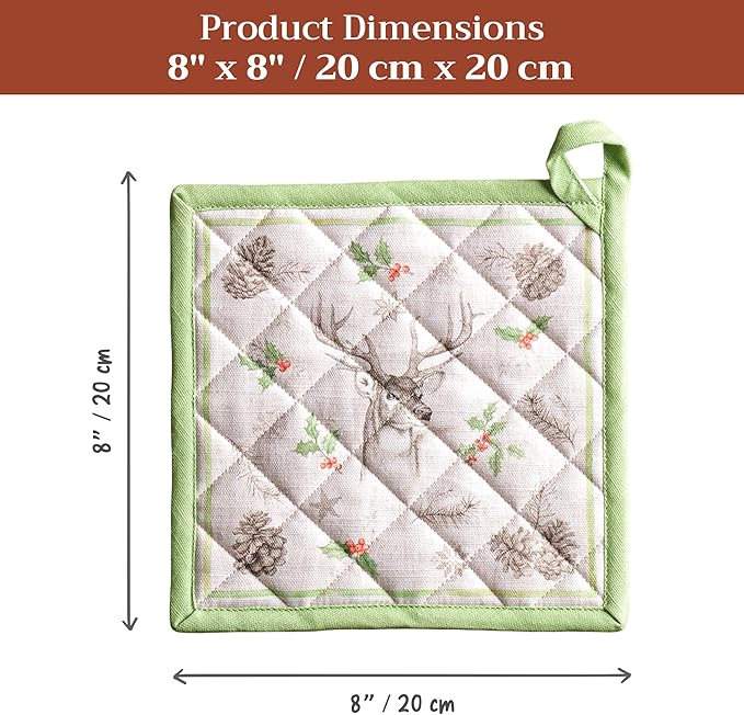 Maison d' Hermine Pot Holders 100% Cotton Heat Resistant Potholders 8" x 8" Hot Pads with Loop for Thanksgiving Christmas Decorations BBQ Cooking Baking Handling Hot Pans (Pack of 1, Christmas Dew)