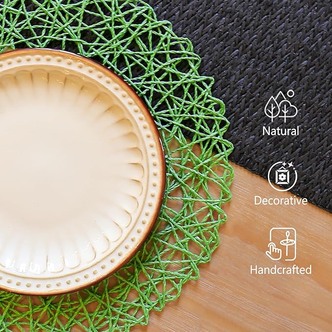 AHHFSMEI Paper Braided Round Placemats Set of 6 Natural Non-Slip Heat Resistant Table Mats for Dining Tables Woven Indoor Outdoor Place mats(Forest Green)