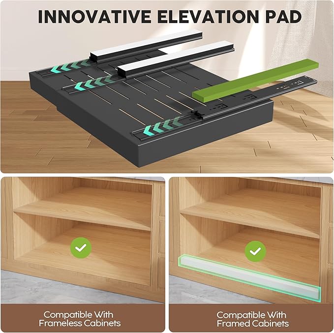 Seinloes 2 Pack Pull Out Cabinet Organizers 21" Deep With Raising Pad for Framed Cabinets, Expandable Width (15.2"-26.3") Slide Out Drawers Upgrade 3 Slide Rails, Roll Out Shelves Adhesive, Black