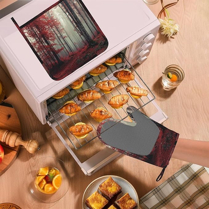 Forest Oven Mitts and Pot Holders Sets Red Trees Landscape Silicone Heat Resistant Kitchen Oven Gloves Pot Holder for Cooking Baking Grilling BBQ