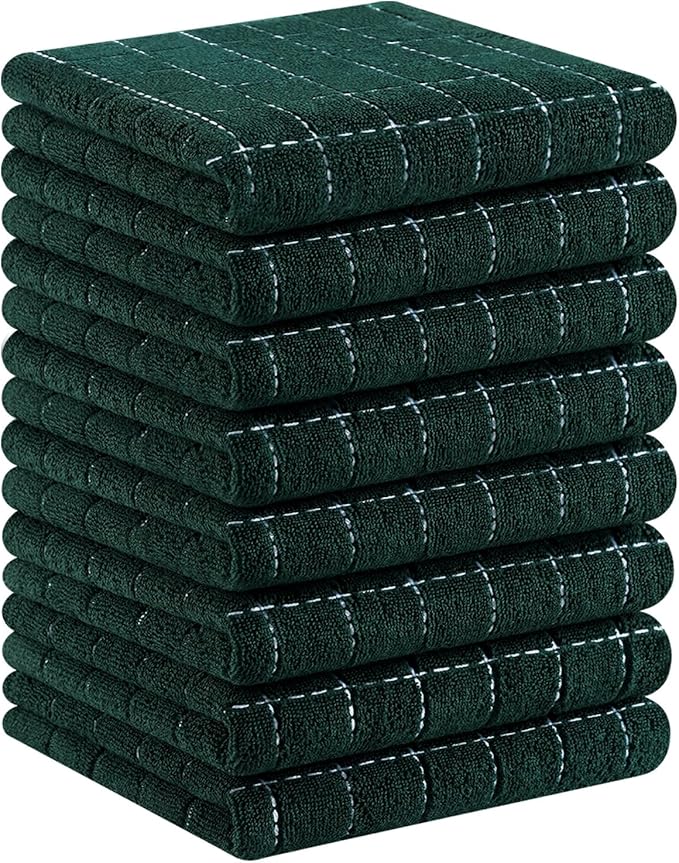 Homaxy 100% Cotton Terry Kitchen Towels(Blackish Green, 13 x 28 inches), Checkered Designed, Soft and Super Absorbent Dish Towels, 8 Pack