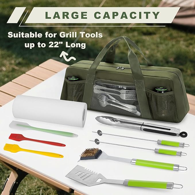 HODRANT Grill Tool Storage Bag, Outdoor BBQ Utensil Holder for Barbecue Tool up to 22", Large Grill Utensil Storage Caddy with Pockets, BBQ Accessories Case Container for Camping, Bag Only, Green