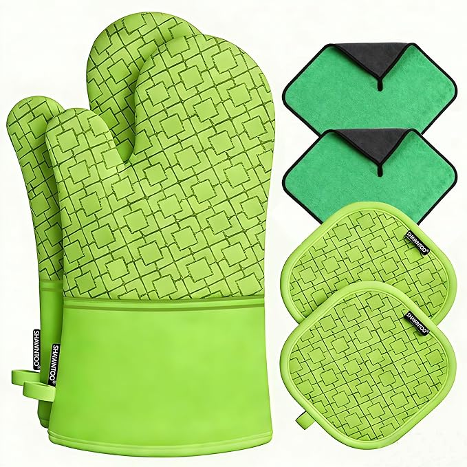 Oven Mitts and Pot Holders Sets 6pcs, Kitchen Oven Glove,High Heat Resistant 550 Degree Extra Long Oven Mitts and Potholders with Non-Slip Silicone Surface for Home Essentials (Grey) (Meadow Green)
