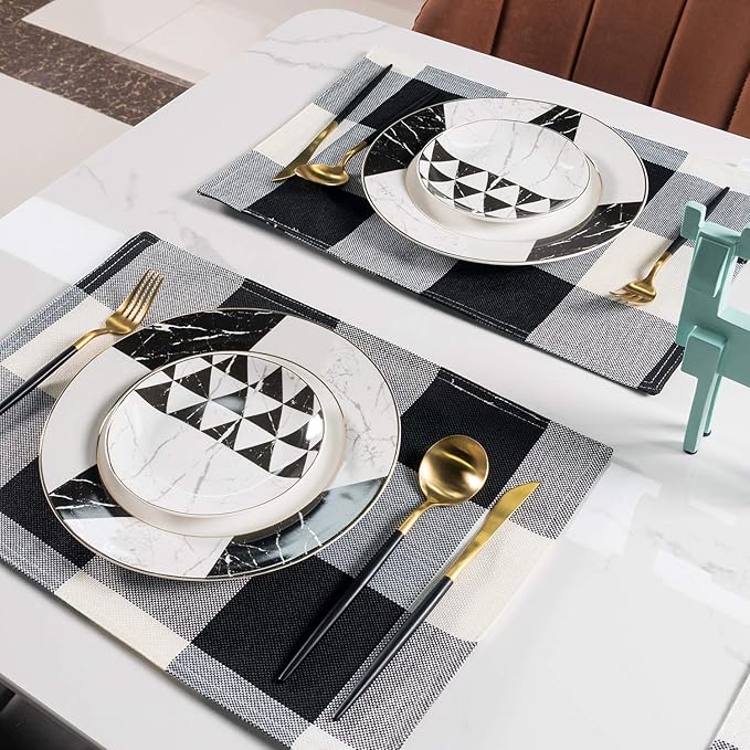 Black and White Placemats Set of 4, Linen Buffalo Plaid Double Layer Spring Placemats Check Kitchen Table Mats,Waterproof Heat Resistant Durable Cloth Washable Placemats 13 x 19 Inches