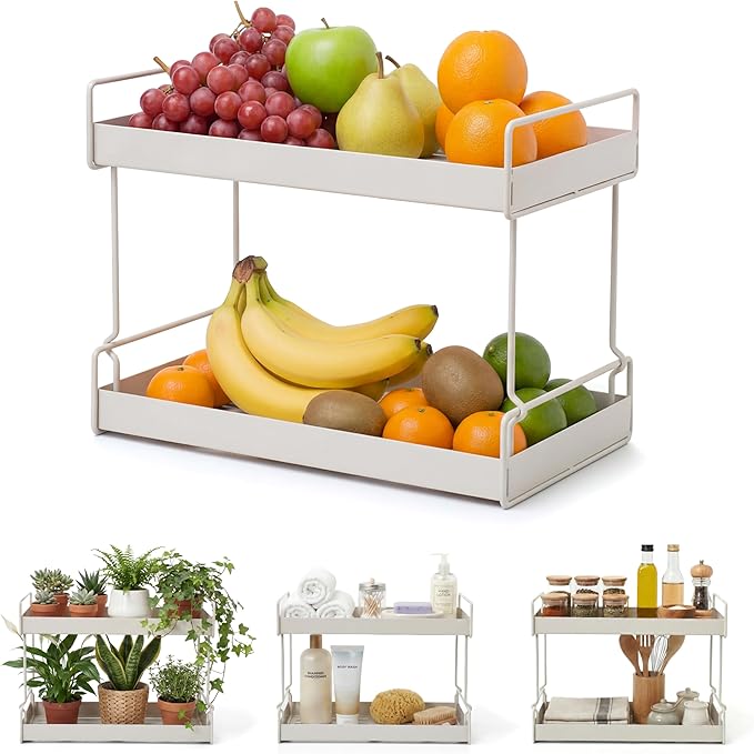 LIBKEN 2-Tier Fruit Basket for Kitchen Counter – Gray Powder Coated Metal Fruit Stand – Minimal Scandinavian Design Countertop Organizer for Fruits, Vegetables, Bread, Snacks – Sturdy & Easy Assembly