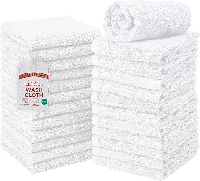 RIVERSIDE Pack of 24 Wash Cloths for Showering, 12 x 12 Inches, Super Soft & Absorbent, 100% Cotton Washcloths Premium Quality Flannel Face Cloths for Bathroom, Gym, Spa (White, 24 Pack)