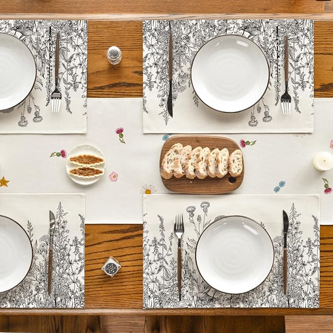 Artoid Mode Grey Antique Herbs and Wild Flowers Spring Placemats Set of 4, 12x18 Inch Seasonal Table Mats for Party Kitchen Dining Decoration