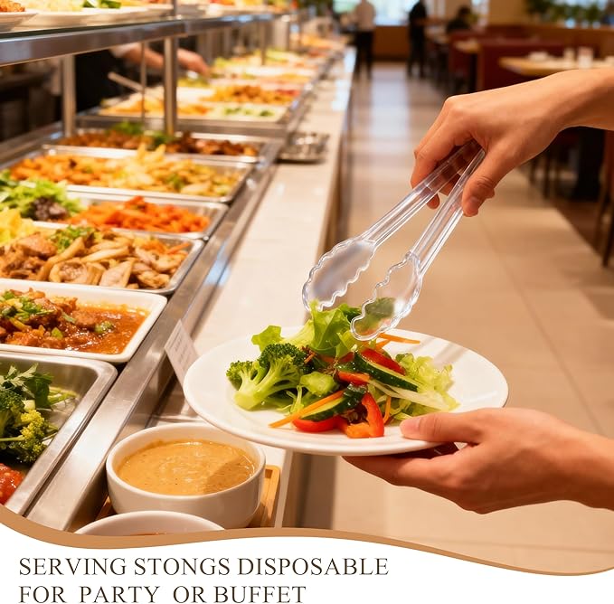 Mwellewm 48Pcs Plastic Serving Utensils Disposable Serving Spoons for Buffet Clear Forks Serving Tongs 8.5'' Heavy Duty Large Party Utensils Supplies for Restaurant Food Dinner Salad Noodles Soup