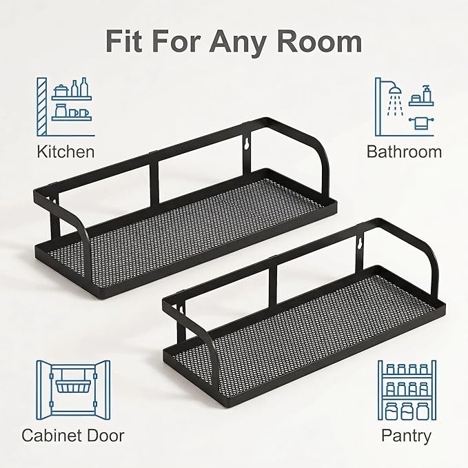 PUSDON 2-Pack Wide Hollowout Shower Caddy & Spice Rack, Wall Mount Bathroom Organizer with Mesh Bottom, Easy Access Cabinet Door Shelf Holds 50LBS - Matte Black, Hollowout