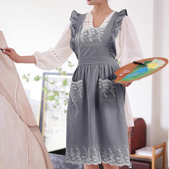 Aoomzoon Vintage Aprons for Women with Pockets Cute Lace Ruffle Adjustable Apron for Cooking Kitchen Baking Gardening