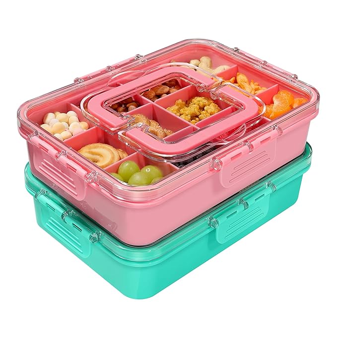 Xyptorix 2 Pcs Snack Box Container for Kids - Adjustable 12-Compartment Snack Containers, Reusable Bento Box, Dishwasher Safe, BPA-Free, Perfect for School, Travel, Camping & Picnic, Pink & Green