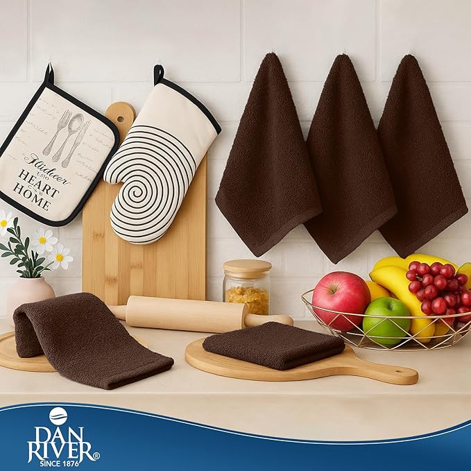 DAN RIVER Kitchen Bar Mops,Pack of 12,16 by 19 Inches,100% Cotton Super Absorbent,Multi-Purpose Cleaning Towels for Home and Kitchen Bars-Brown