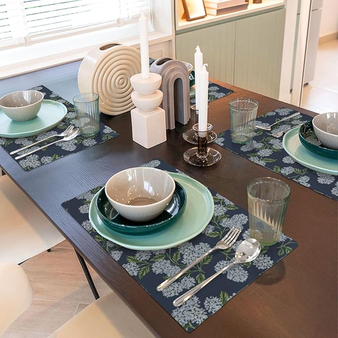 Navy Blue Placemats Set of 4 Blue Green Hydrangea Flower Decor Place Mats 12x18 Inch Vintage Floral Spring Summer Seasonal Decorative Linen Table Mats for Kitchen Dining Party Table Decoration