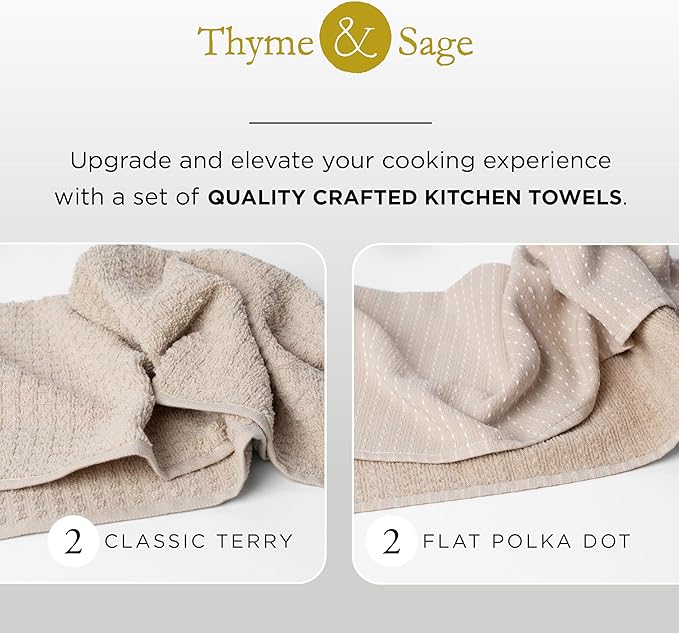Thyme and Sage 100% Cotton Premium Turkish Kitchen Hand Towel Set, 16"x26", Ultra Absorbent, 350 GSM, Flax, Pack of 4