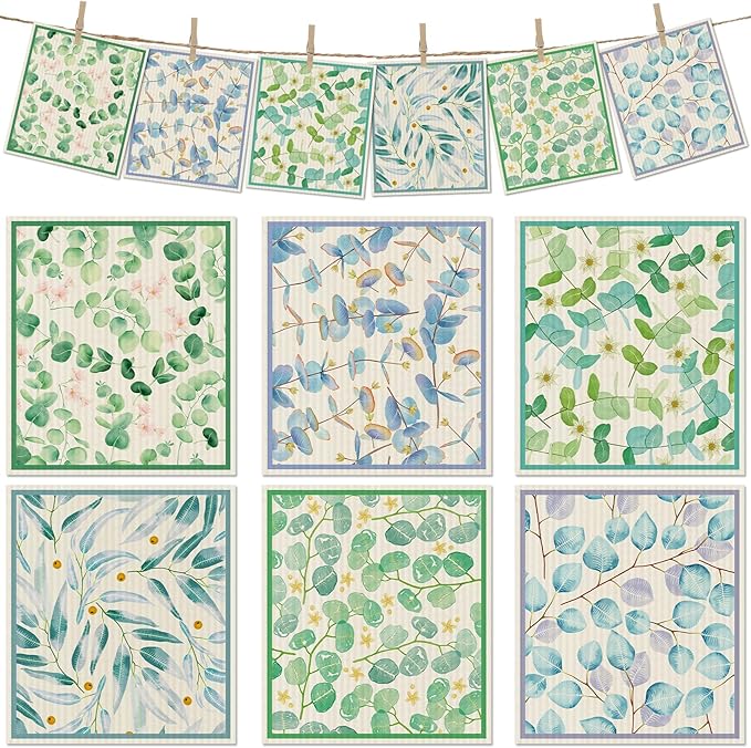 6 Packs Swedish Paper Cloths for Kitchen, Reusable Paper Towels Washable Dish Rags, Highly Absorbent Kitchen Towels Quick Drying Swedish Sponge Cleaning Dish Cloths(Eucalyptus Leaves)