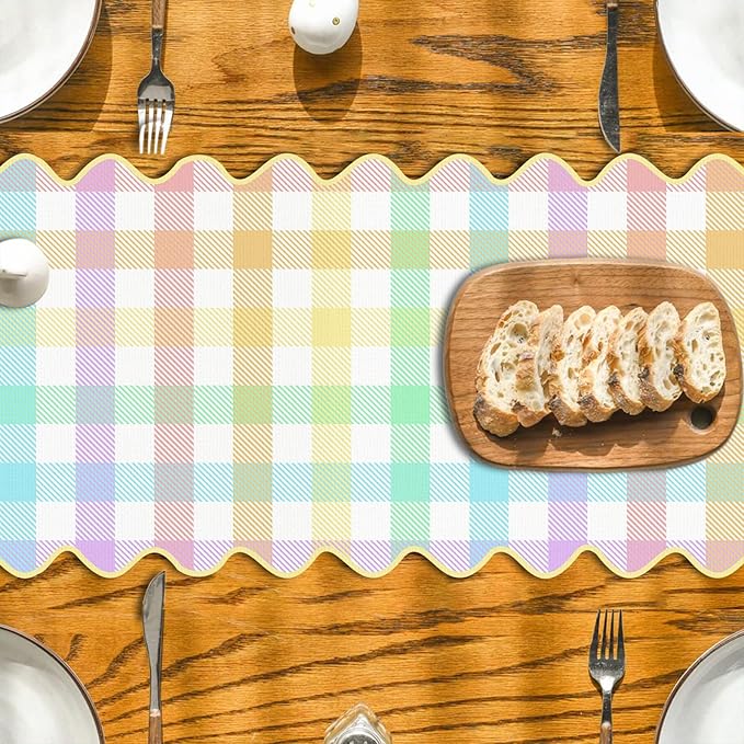 Easter Buffalo Plaid Table Runner Farmhouse Gingham Kitchen Dining Table Centerpiece Pastel Spring Summer Checkered Decor Happy Easter Decorations for Home Party-72 Inches Long