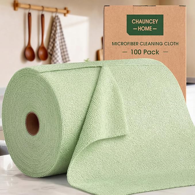 Microfiber Cleaning Cloth Roll - 100 Pack Tear Away Microfiber Paper Towels, Reusable, Washable, Scratch-Free, Kitchen Towels for Car, Home, Kitchen, Glass, Dishes(Bean Green)