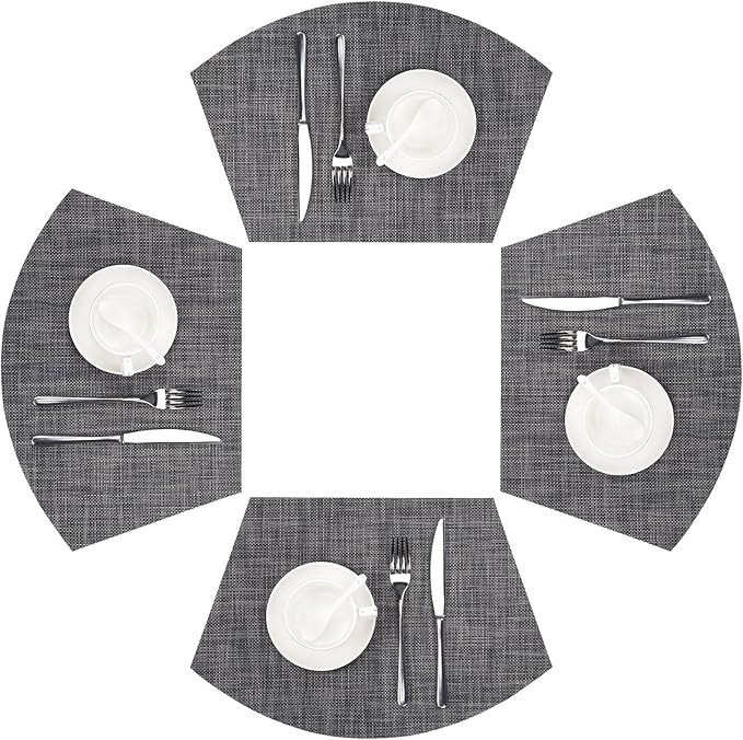 SHACOS Wedge Placemats Set of 4 Woven Vinyl Placemats for Round Table Wipe Clean Curved Fan Table Mats Placement Mat Indoor Outdoor, Dark Gray