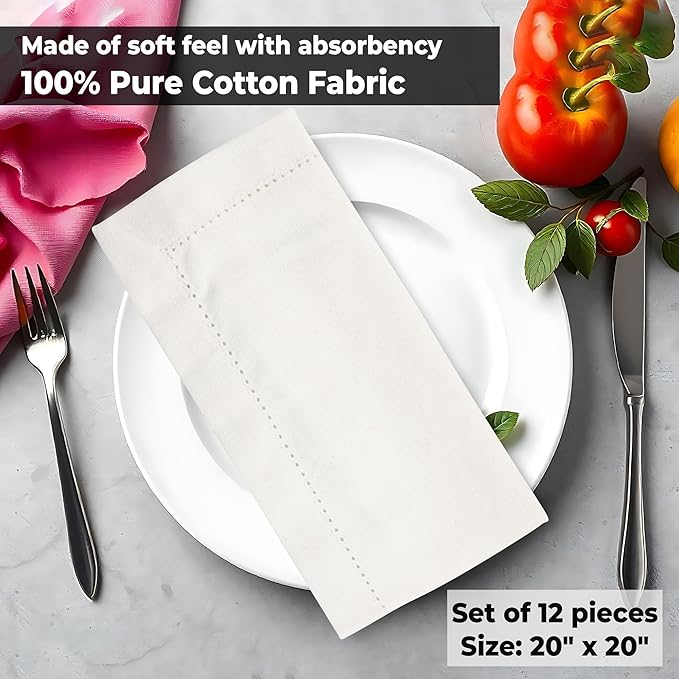 Urban Villa Cloth Napkins Hemstitch Solid Ivory 100% Cotton Absorbent Dinner Napkins (Set of 6) 20x20 Inches Soft Durable Washable Reusable Ideal for Everyday Use Wedding Parties Cloth Dinner Napkins