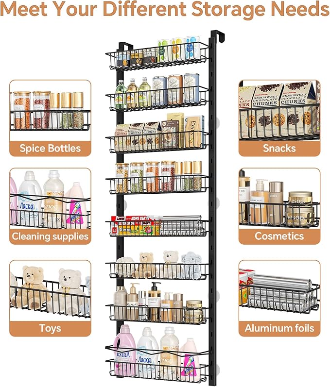 MIAOLI Over the Door Pantry Organizer, 8-Tier Adjustable Spice Rack Cabinet Door Shelves, Hanging Seasoning Organizer for Kitchen Bathroom, Laundry Room Organization, Black