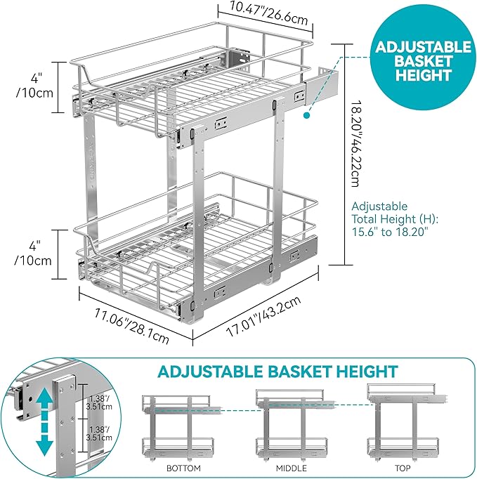 2 Tier Pull Out Cabinet Organizer 11" W X 17" D, Slide Out Drawers for Kitchen Cabinets, Pull Out Drawers for Cabinets Capacity Heavy Duty Caddy, Cabinet Pullout Shelves Chrome-Plated,Bathroom Pantry